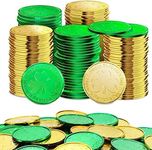 AMS 260 Pieces St. Patrick's Day Shamrock Gold Coins Decoration, Plastic Green and Gold Clover Fake Coin Ornaments for Parties(Coins, Green)