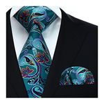 HISDERN Floral Paisley Wedding Tie Handkerchief Men's Necktie & Pocket Square Set, One Size, Aqua / Purple