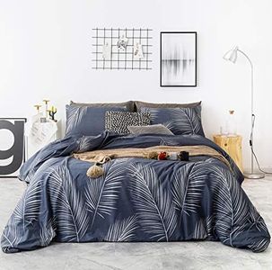 YuHeGuoJi Tropical Leaves Duvet Cover Queen 100% Cotton Navy Blue Botanical Duvet Cover 3 Pcs Set 1 Summer Blue White Plant Duvet Cover with Zipper Ties 2 Pillowcases Hawaiian Coastal Bedding Set