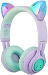 Riwbox Kids Headphones, CT-7S Cat Ear Bluetooth Headphones Volume Limiting 85dB,LED Light Up Kids Wireless Headphones Over Ear with Microphone for iPhone/iPad/Laptop/PC/TV (Purple&Green)