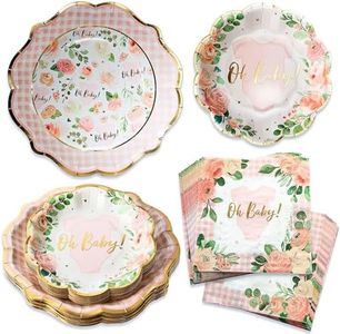 Kate Aspen Baby Shower Onesie Pink Floral & Gingham Tableware Set - 62pc. 16pcs 7 inch & 16pcs 9 inch Heavy Duty Disposable Party Plates, 30pcs 6.5 inch Durable Paper Napkins