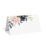 Bliss Collections Navy Floral Place Cards for Wedding or Party, Seating Place Cards for Tables, Scored for Easy Folding, Flower Design 50 Pack, 2 x 3.5 Inches