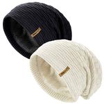 TOSKATOK® Ladies Mens Unisex Warm Winter Textured Knit Slouch Beanie hat with Cosy Faux Fur Teddy Fleece Liner-BLK/CRE-Twin