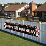 Happy 50th Birthday Banner, Black and Rose Gold Super Large Women 50th Birthday Party Decorations, Outdoor 50 Birthday Banner Backdrop Background Photo Booth for Garden Table Wall Decoration