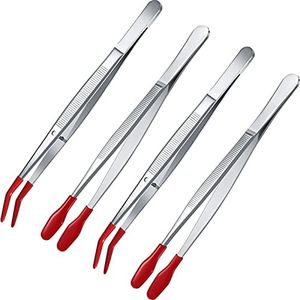 Honoson 4 Pieces Rubber Tipped Tweezers Craft Tweezers PVC Silicone Coated Non Marring Flat Tip Bent Tip Tweezers Tipped Tweezers for Lab Industrial Jewelry Craft Coin Stamp Tweezers Tongs(Red)