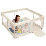 BEJOY Baby Playpen, Play Pen for Baby and Toddlers, Compact and Strong, Foam Protection, Anti-Slip Safety Play Yard with Transparent Breathable Mesh Round Zipper Door Kids Activity Centre 125cm Beige