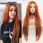Xiweiya 13x3 Lace Wigs Ginger Orange Ombre Blonde Brown Hair Tips Long Wavy Synthetic Lace Front Wig Natural Hairline Wig for Fashion Women Wear, Heat Resistant Fiber Halloween Cosplay Wigs