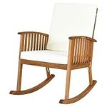 RELAX4LIFE 3PCS Outdoor Furniture Set, Wooden Rocking Chairs and Table Set with High Backrest, Cushion & Non-slip Pads, Side Table and 2 Accent Armchairs for Indoor Outdoor (Rocking Chair)