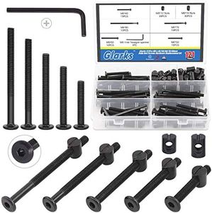 Glarks 120Pcs M6x40/50/60/70/80mm Black Hex Socket Cap Bolt Screws and Barrel Nut Assortment Kit with a Allen Wrench for Crib Baby Bed Cots Furniture