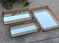 Fancy Palace Rectangular Glass Tray Made by Brass Finish Beautiful Mirror Tray for Vanity Table Decoration Also Used for Tray for Decoration for Bathroom Tray and Vanity Tray (Rectangle 3)