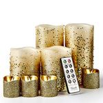 FURORA LIGHTING LED Flameless Candles with Remote Control, Set of 8, Real Wax Battery Operated Pillars and Votives LED Candles with Flickering Flame and Timer Featured - Gold Glittery