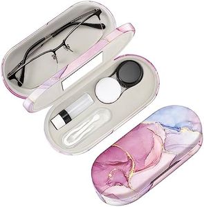 Fintie 2 in 1 Contact Lens Case and Eyeglasses Case, Double Sided Portable Contact Lens Travel Case with Built-in Mirror, Tweezer and Contact Lens Solution Bottle Included, Dreamy Marble