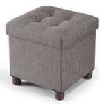 BRIAN & DANY Small Ottoman Storage Box 32x32x32.5cm, Linen Foot Stool with Wood Legs, Footstool with Lid for Livingroom Bedroom, Brown