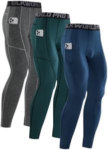 SILKWORLD Thermal Underwear Mens Compression Pants Cold Gear Athletic Gym Leggings with Pockets Winter Base Layer Bottoms,C5_Fleece Lined_3pack_Navy Blue,Hemp Grey,Cyan,Large