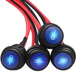 mankk 4Pcs Round Rocker Switch 12V Waterproof Toggle Switch SPST 3 Pin ON/Off Blue LED Lighted with Pre-soldered Wires for Car Auto Boat Trucks KCD1-5-101NW-BU-X