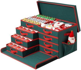Peyulia Christmas Ornament Storage Box, Stackable Organizer with Lid and Pockets, Side Open, 8 Trays, 128-3" Holiday Ornament Container with Removable Trays and Adjustable Dividers, Green