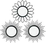 3 Pack Metal Mirrors for Wall Sunburst Wall Mirrors Home Décor Decorative Hanging Wall Art for Living Room Bedroom Entryway (Black, Flower+Sunburst)