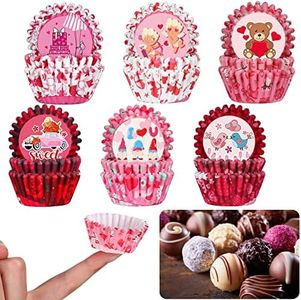 600 Counts Valentine's Day Candy Cups Paper Candy Making Supplies Heart Baking Supplies Snowflake Elk Mini Cupcake Liner Xmas Mini Baking Cups Holiday Candy Paper Wrappers, 6 Styles (Romantic)