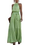 EFOFEI Women Polka Dot Floral Dress Halter Neck Maxi Dress Long Belted Sun Dress High Neck Halter Dress Dot Green XL