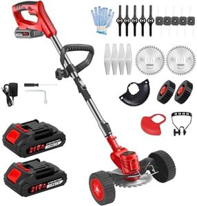 Electric Wacker 21V Cordless Weed Wacker Lightweight Edger Grass Trimmer/Lawn Edger/Lawn Mower/Brush Cutter/Whipper Snipper, Weed Eater Battery Powered with Wheels for Yard Garden Weeder Tool (Red)