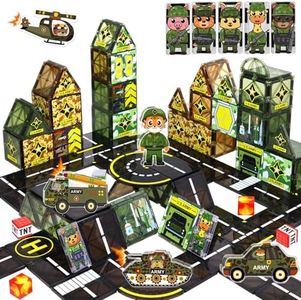 63Pcs Army Toys Magnetic Tiles Building Blocks Set with 5 Military Cars Men