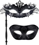 SIQUK Couple Masquerade Masks with Stick Metal Venetian Mask on a Stick Halloween Costume Mask Mardi Gras Mask Masquerade Party Mask for Couples Women and Men, Phoenix Tail Black