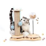 Marchul 4 in1 Interactive Cat Toy, Cat Scratching Post with Hanging Ball, Cat Food Treat Toy for Indoor Cats and Kittens with Wooden Track Balls, Kitten Sisal Scratcher Toy with Cat Treat Dispenser