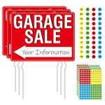 Garage Sale Sign, 3PCS Double Sided Yard Sale Signs with 6 Metal Stakes & 960 Sale Price Labels, Large Font, Fluorescent Neon Color, All-Weather Plastic Sign with Arrow for Garage Sale, Outdoor Estate