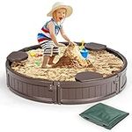 GYMAX Kids Sandbox, Garden Sandpit with Cover, Bottom Fabric Liner and Corner Seats, Outdoor Sand Pit for Children (Round)