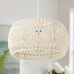 Cream White Rattan Pendant Light Fixture Basket Hanging Chandelier Basket Light Boho Ceiling Light Flush Mount Ceiling Light Woven Kitchen Chandelier for Dinning Room Hallway Bedroom Chandelier