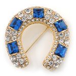 Avalaya Clear and Blue Crystal Horseshoe Brooch in Gold Plating - 35mm