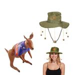 Lizzy Adult Australian Cork Hat with Inflatable Kangaroo with Australian Flag Print (70cm) for Australia Day Crocodile Hunter Man Dundee Fancy Style Dress Hat Party Accessories