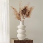 Tall Ceramic Wavy Vase | Modern Dried Flower Vases | Round White Vase For Pampas Grass | Flower Vase For Boho Home Decor Centerpiece | Wedding - Dinner Table - Party - Living Room - Office & Bedroom