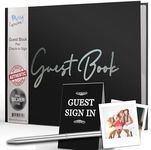 Merry Expressions Black Guest Book & Pen – 9"x7" Hardcover 100 Page/50 Sheets – Silver Foil Gilded Edges for Guests & Visitors to Sign at a Wedding, Funeral or Memorial, Party, Baby or Bridal Shower