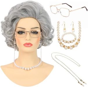 Bettecos Old Lady Wig Costume Set for Women Short Curly Grandma Wig and Glasses Silver Grey Granny Wigs for Old Woman Cosplay Halloween Party (Silver Grey/Old Lady)