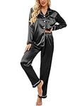 Ekouaer Women's Satin Pajama Set 2-Piece Sleepwear Loungewear Long Sleeve Button Down Pj Set(02 Black,Medium)