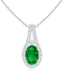 Angara Natural Emerald Pendant for Women | 1.1 ct Oval Shape Emerald Diamond Halo Pendant Necklace in White Gold | May Birthday, Anniversary, Gemstone Jewelry Gift | AAAA | 8x6mm