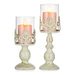 Pcs of 2 Vintage Metal Pillar Candle Holder Antique Hurricane Candlestick with Glass Screen Cover Accent Display for Home Wedding Candlelight Dinner Decoration (13" & 10.7" H)