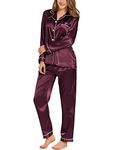 SWOMOG Womens Silk Pyajama Set Satin Pyjamas Long Sleeve Two Piece Sleepwear Soft Pjs Button-Down Nightwear