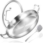 Inqibee 12-Inch Tri-Ply Stainless Steel Paella Pan with Lid, Large Skillet,Saute Pan with Lid,Frying Pan,Induction pan,Dishwasher and Oven Safe.