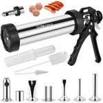 HK Jerky Gun with Meatball Maker Nozzle, 2.5 LB Stainless Steel Sausage Stuffer, with 6 Stainless Nozzles, 2 Cleaning Brushes, 1 Stomper, for Kitchen, Party, BBQ, Gifts