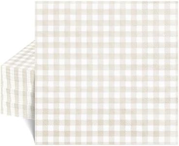 NatNarr 80 Pcs Gingham Napkins, 6.5X6.5 Inch Light Brown Napkins Disposable Beige and White Plaid Napkin for Bridal Baby Shower, Wedding, Picnic