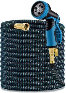 HBlife Expandable Garden Hose 100FT, Flexible Lightweight Water Hose with 9 Function Nozzle Sprayer Expanding Durable Hose with 3/4 Inch Solid Brass Fittings, Black & Blue