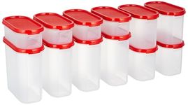 Amazon Brand - Solimo Modular Plastic Storage Containers with Lid (525 ml + 1200 ml + 1800 ml) | Stackable | BPA-Free | Multipurpose Use for Snacks, Spices, & more (Set of 12) (Light Red)