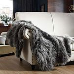 Luxury Faux Fur Throw Blanket, Grey and Black High Pile Mixed Throw Blanket, Super Warm, Fuzzy, Elegant, Fluffy Decoration Blanket Scarf for Sofa, Couch and Bed, 125 x 150cm