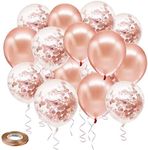 Rose Gold Confetti Latex Balloons, 50 pack 12 inch Birthday Balloons with 65 Feet Rose Gold Ribbon for Party Wedding Bridal Shower Decorations