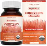 Organic Cordyceps Mushroom Extract - 70% Beta Glucans - Highest Active Nutrient Levels, Max Potency Cordyceps Capsules, US Grown + Ultrasonic Extraction - Performance, Immunity & Energy - 60 Capsules