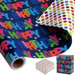 Reversible Birthday Wrapping Paper for Boys Girls Kids 17 Inch x 36 Feet Happy Birthday Lettering Gift Wrapping Paper for Birthday, Party, Baby Shower