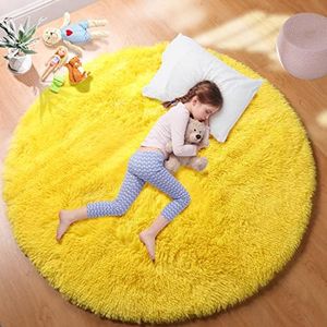 PAGISOFE Round Area Rug,5'X5',Fluffy Rugs for Bedroom,Cute Rugs for Girls Room,Fuzzy Rugs for Nursery Playroom,Circle Rugs for Kids Room,Shag Carpet Rugs for Reading Nook,Furry Rugs for Baby,Yellow