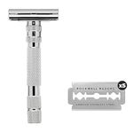 ROCKWELL RAZORS T2 Long Handle Safety Razor with Infinite Shaving Settings, 5 Blades and Travel Leather Bag, White Chrome